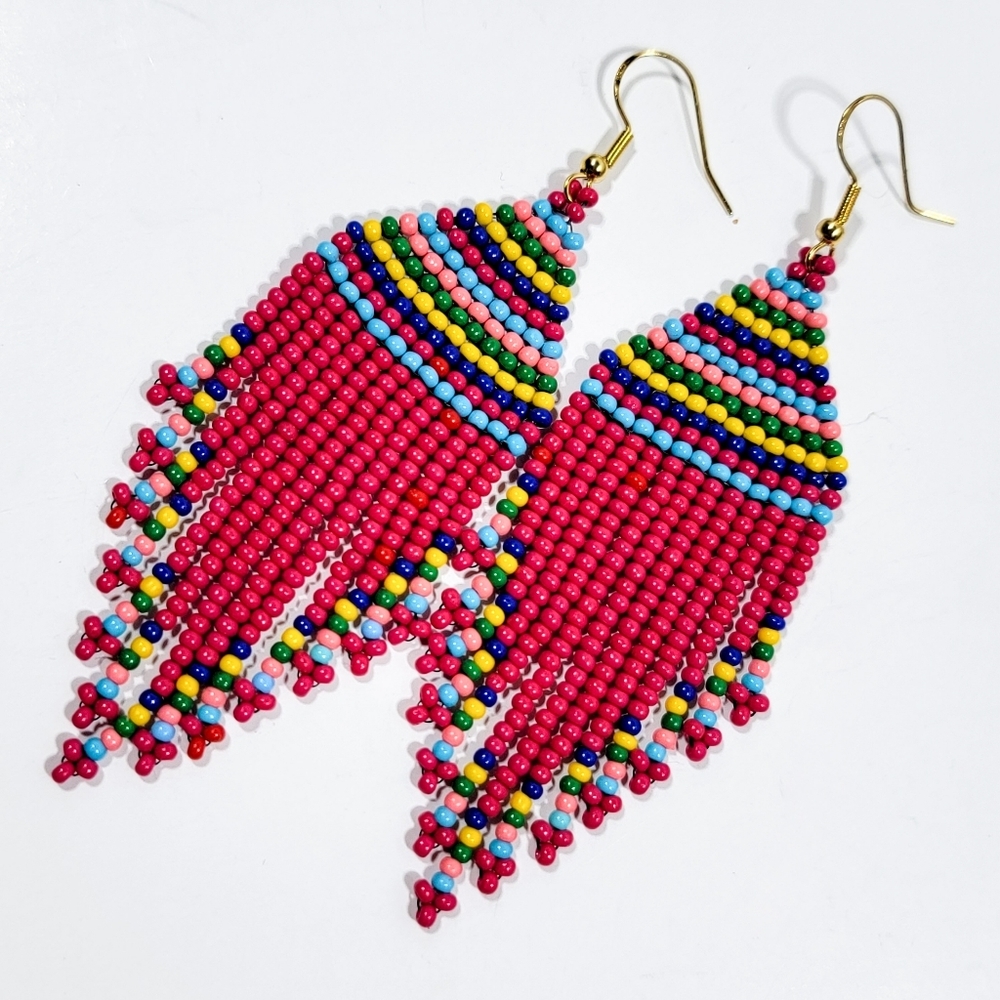 Handmade Fuchsia Pink Tribal Seed Bead Fringe Earrings